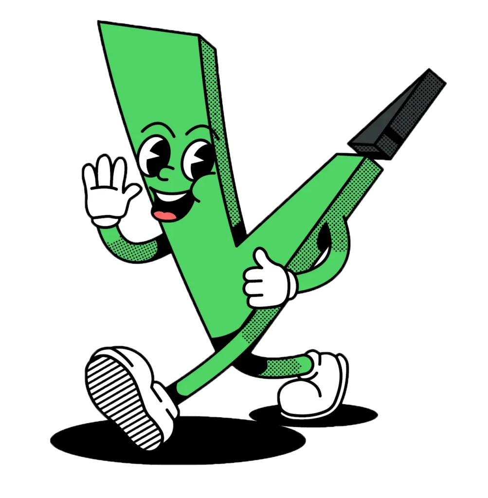 a cute mascot shaped like the letter V with arms and legs
